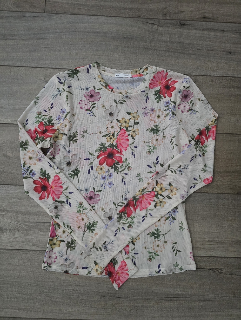 Floral Long Sleeve Ribbed Top - Cream with Pink & Green Flowers